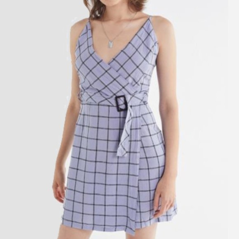 UO blue plaid deep v wrap dress